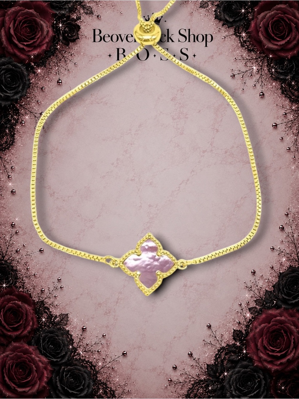 New Adornia Four Point Mother of Pearl Flower Bolo Bracelet Pink / Gold